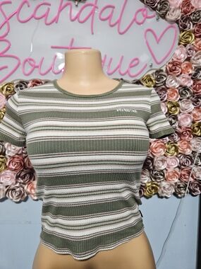 Five Star Olive Striped Ribbed Crop Tee - Women